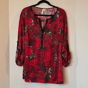 Chenault Floral Blouse 2X Red Black Split Neck Roll Sleeve